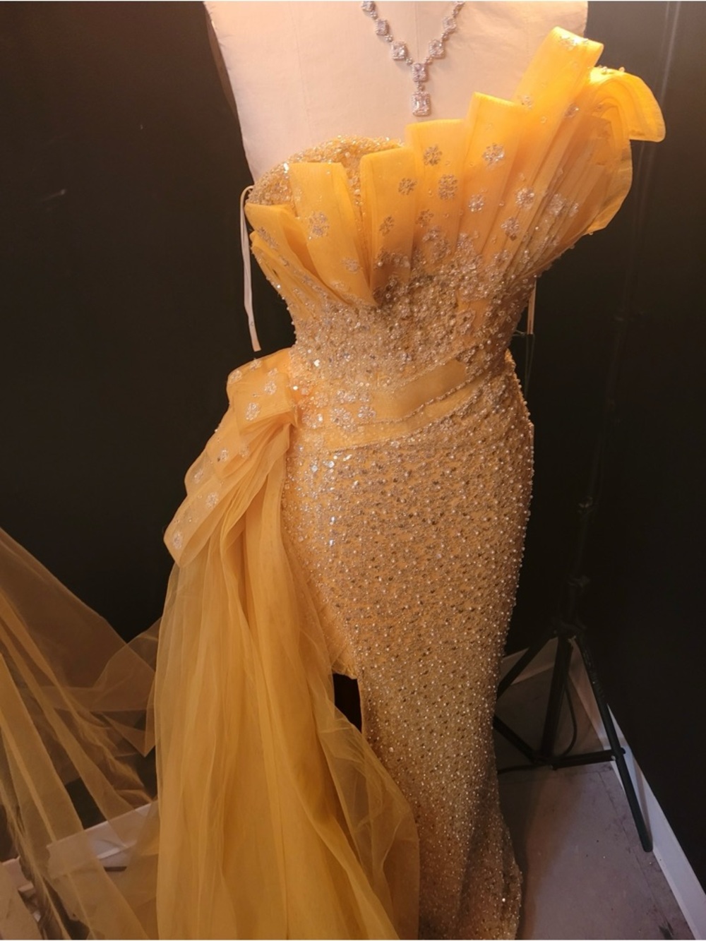Yellow Beaded No-Shoulder Evening Gown